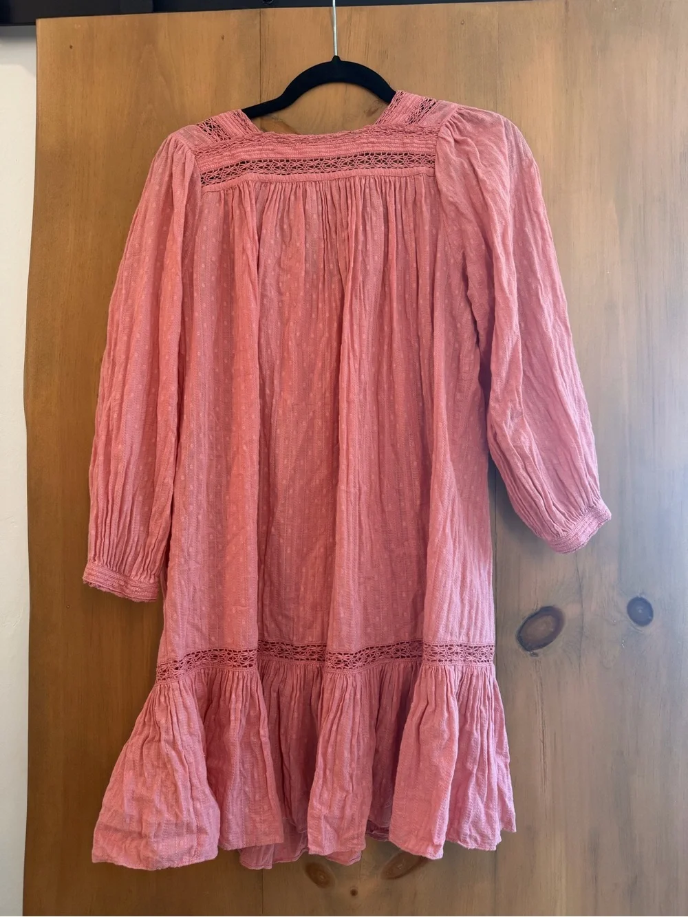 Doen Rose-Pink Cotton Peasant Dress with Lace Trim